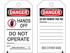 Tags HANDS OFF DO NOT OPERATE SIGNED BY DATE Polyester 5.75 x 3  BK/RD/WH 10/PK