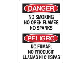 Bilingual DANGER No Smoking No Open Flames No Sparks Sign, 20" H x 14" W x 0.1" D, Fiberglass