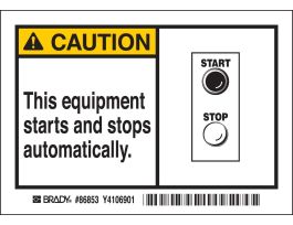 CAUTION This equipment starts and stops automatically. Labels, 3.5" H x 5" W x 0.006" D, Black/Yellow on White