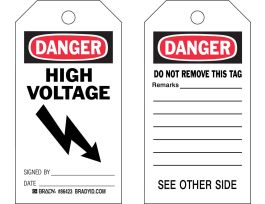 Locked Out Tags HIGH VOLTAGE SIGNED BY___DATE___ Paper 5.75 x 3  BK/RD/WH 100/PK