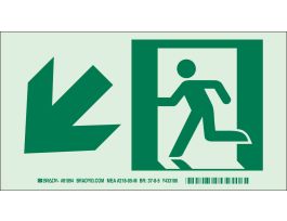 BradyGlo NYC Approved Exit With Running Man And Down/Left Arrow Sign, 5" H x 9" W x 0.0096" D