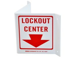 V Lockout Center Sign, 5.5" H x 10" W x 0.1" D, Plastic