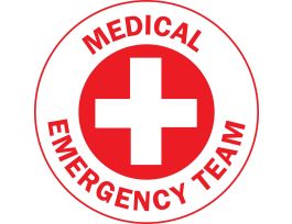 MEDICAL EMERGENCY TEAM Hard Hat Labels, 2" Dia, Card of 4 Labels, Red on White