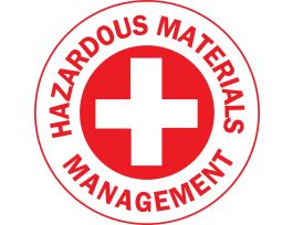 HAZARDOUS MATERIALS MANAGEMENT Hard Hat Labels, 2" Dia, Card of 4 Labels, Red on White