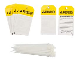 Safety Tag PRECAUCION Heavy Duty Polyester 5.75x3  Black, Yellow on White 10/PK