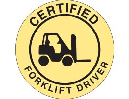 CERTIFIED FORKLIFT DRIVER Hard Hat Labels, 2" Dia x 0.004 in D, Card of 4 Labels, Black on Yellow