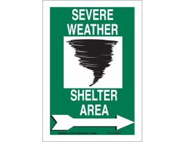 Severe Weather Shelter Area Sign, 10" H x 7" W x 0.06" D, Black/White on Green, Polystyrene