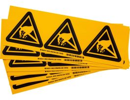 Warning Label w/Static Sensitive Devices Pictogram, Vinyl, Black on Yellow, 4" H x 4" W