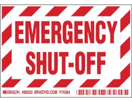 EMERGENCY SHUT OFF Labels, 3.5" H x 5" W x 0.006" D, Red on White