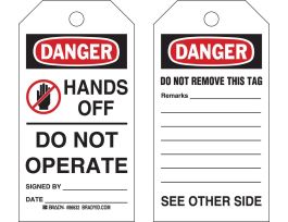 Tags HANDS OFF DO NOT OPERATE SIGNED BY DATE Paper 5.75 x 3  BK/RD/WH 100/PK