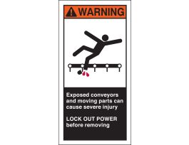 EXPOSED CONVEYOR AND MOVING PARTS CAN CAUSE SEVERE Labels, 6" H x 3" W x 0.006" D, Black/Orange/Red on White