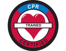 CPR TRAINED CERTIFIED Hard Hat Labels, 2" Dia x 0.004" D, Card of 4 Labels, Black/Blue/Red on White