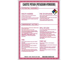 Caustic Potash (Potassium Hydroxide) Potential Hazards Sign, 10" H x 7" W x 0.1" D, Black/Blue/Red/Yellow on White