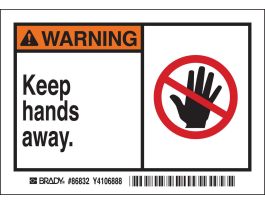 WARNING Keep hands away. Labels, 3.5" H x 5" W x 0.006" D, Black/Orange/Red on White