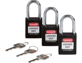 Standard Key Retaining Lockout Nylon Padlock 1.5 in Steel Shackle KA Black 3PK