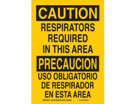 Bilingual CAUTION Respirators Required In This Area Sign, 10" H x 7" W x 0.006" D, Polyester