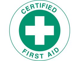 CERTIFIED FIRST AID Hard Hat Labels, 2" Dia x 0.004" D, Card of 4 Labels, Green on White