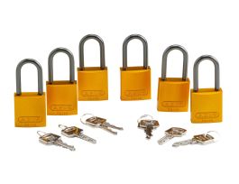 Standard Safety Aluminum Padlocks 1.5 in Aluminum Shackle KA Yellow 6PK