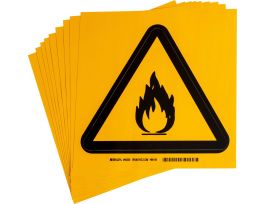 Warning Labels: Vinyl, Black on Yellow, 8" H x 8" W, Flammable Material Pictogram
