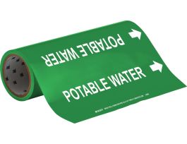 Roll Form Pipe Marker: POTABLE WATER, 30' H x 12" W x 30' L, Roll of 30', Fits Pipes, 2.5" Dia. Thru 6" Dia.