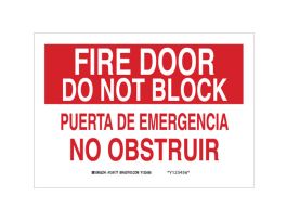 Bilingual Fire Door Do Not Block Sign, 7" H x 10" W x 0.035" D, White on Red, Aluminum