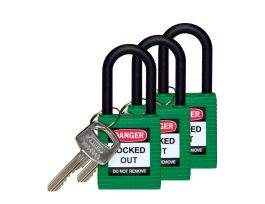Standard Key Retaining Lockout Nylon Padlock 1.5 in Nylon Shackle KA Green 3PK
