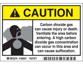 CAUTION Carbon Dioxide Gas Can Cause Injury Or Death. Sign, 3.5" H x 5" W x 0.006" D
