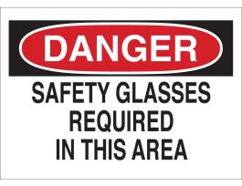 DANGER Safety Glasses Required In This Area Sign, 7" H x 10" W x 0.035" D, Aluminum