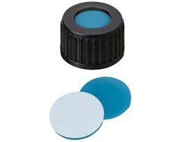 Screw Cap, Polypropylene, Black, 18 mm, Transparent Blue Silicone/White PTFE Septa; 1000/pk