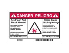 Arc Flash Labels - Self-Sticking Polyester, English/Spanish Bilingual, Roll of 100 Labels, 3.5" H x 6" W x 0.006" D, Black/Red on White
