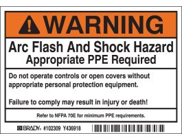 Arc Flash Labels - Self-Sticking Polyester, 3.5" H x 5" W x 0.006" D, Roll of 100 Labels, Black/Orange on White