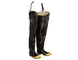BLACK HIP BOOT WITH ADJUSTABLE STRAPS, STEEL TOE & SHANK, COTTON LINED, 36-INCH LENGTH