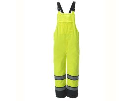 REPTYLE™ CLASS E, LIME BIB PANTS, QUILTED LINING, SEGMENTED REFLECTIVE TAPE ON BLACK CONTRASTING STRIPES, PU COATED POLYESTER SHELL, BLACK LEGS WITH HOOK & LOOP ADJUSTMENT, ADJUSTABLE SUSPENDERS