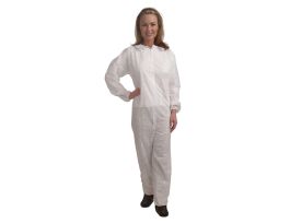 ECONOMY WEIGHT, WHITE POLYPROPYLENE COVERALL, ZIPPER FRONT AND COLLAR, ELASTIC WRISTS & ANKLES