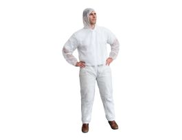 ECONOMY WEIGHT, WHITE POLYPROPYLENE COVERALL WITH HOOD, ZIPPER FRONT, ELASTIC AT HOOD, WRISTS & ANKLES