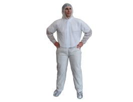 HEAVY WEIGHT, WHITE POLYPROPYLENE COVERALL WITH HOOD & BOOTS, ZIPPER FRONT, ELASTIC AT HOOD, BOOTS, WRISTS & ANKLES