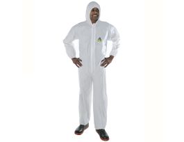 DEFENDER™ WHITE MICROPOROUS COVERALL WITH HOOD, ZIPPER FRONT, ELASTIC AT HOOD, WRISTS & ANKLES