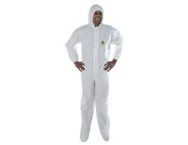 DEFENDER™ WHITE MICROPOROUS COVERALL WITH HOOD & BOOTS, ZIPPER FRONT, ELASTIC AT HOOD, WRISTS & ANKLES/BOOTS
