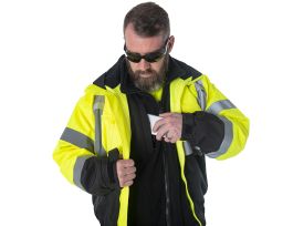 REPTYLE™ TYPE R, CLASS III, LIME 3-IN-1 BOMBER JACKET, PU COATED POLYESTER SHELL, ZIP-OUT FLEECE JACKET, CONCEALED/DETACHABLE HOOD, BLACK FRONT PANEL