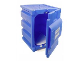 Countertop polyethylene corrosives/acid cabinet, Cap. two 4-liter bottles, 1 door, poly, Blue.