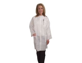HEAVY WEIGHT, WHITE POLYPROPYLENE LAB COAT, COLLAR & SNAP BUTTON FRONT, 1 CHEST POCKET & 2 WAIST POCKETS, OPEN CUFFS