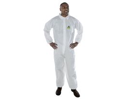 DEFENDER II™ WHITE MICROPOROUS COVERALL, ZIPPER FRONT WITH FLAP & COLLAR, ELASTIC WAIST, WRISTS & ANKLES
