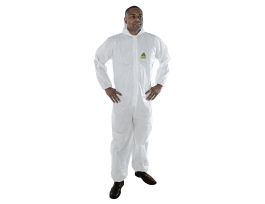 DEFENDER II™  WHITE MICROPOROUS COVERALL WITH HOOD, ZIPPER FRONT WITH FLAP, ELASTIC WAIST, WRIST, ANKLES & HOOD