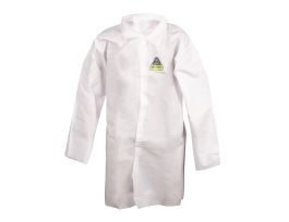 DEFENDER II™, WHITE MICROPOROUS LABCOAT WITH 4-SNAP FRONT & COLLAR, NO POCKETS, OPEN WRISTS