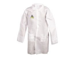 DEFENDER II™, WHITE MICROPOROUS LABCOAT WITH 4-SNAP FRONT & COLLAR, 3 POCKETS, OPEN WRISTS