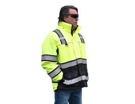 REPTYLE™ TYPE R, CLASS III, LIME PARKA, QUILTED LINING, SEGMENTED REFLECTIVE TAPE ON BLACK CONTRASTING STRIPES, PU COATED POLYESTER SHELL WITH STORM FLAP, CONCEALED/DETACHABLE HOOD, BLACK FRONT PANEL, CORDOVA SJ400/401 SWEATSHIRT CAN BE ZIPPED INSIDE FO