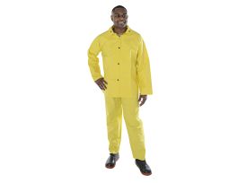 DEFIANCE FR™ .28 MM PVC/NYLON/PVC, YELLOW 3-PIECE RAIN SUIT, LIMITED FLAME RESISTANT, STORM FLY FRONT WITH ZIPPER/SNAP BUTTONS, BIB PANTS WITH SUSPENDERS, DETACHABLE HOOD