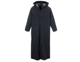 RENEGADE™ .35 MM PVC/POLYESTER, BLACK 2-PIECE RIDING COAT, LEG STRAPS, CORDUROY COLLAR, STORM FLY FRONT WITH SNAP BUTTONS, VENTILATED BACK/UNDERARMS, 60" LENGTH, DETACHABLE HOOD