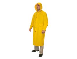 RENEGADE™ .35 MM PVC/POLYESTER, YELLOW, 2-PIECE RAIN COAT, CORDUROY COLLAR, STORM FLY FRONT WITH SNAP BUTTONS, VENTILATED BACK/UNDERARMS, 49" LENGTH, DETACHABLE HOOD