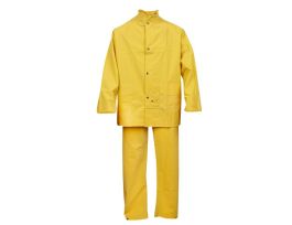 STORMFRONT™ .35 MM PVC/POLYESTER, YELLOW 3-PIECE RAIN SUIT, STORM FLY FRONT WITH ZIPPER/SNAP BUTTONS, VENTILATED BACK/UNDERARMS, BIB PANTS SUSPENDERS, DETACHABLE HOOD